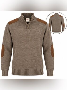 Matix Men’s Taupe Zip-Up Sweater with Brown Suede Elbow & Shoulder Patches